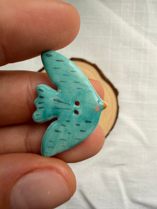 Handmade Ceramic Blue Bird Button – Hand-Painted Sewing Embellishment