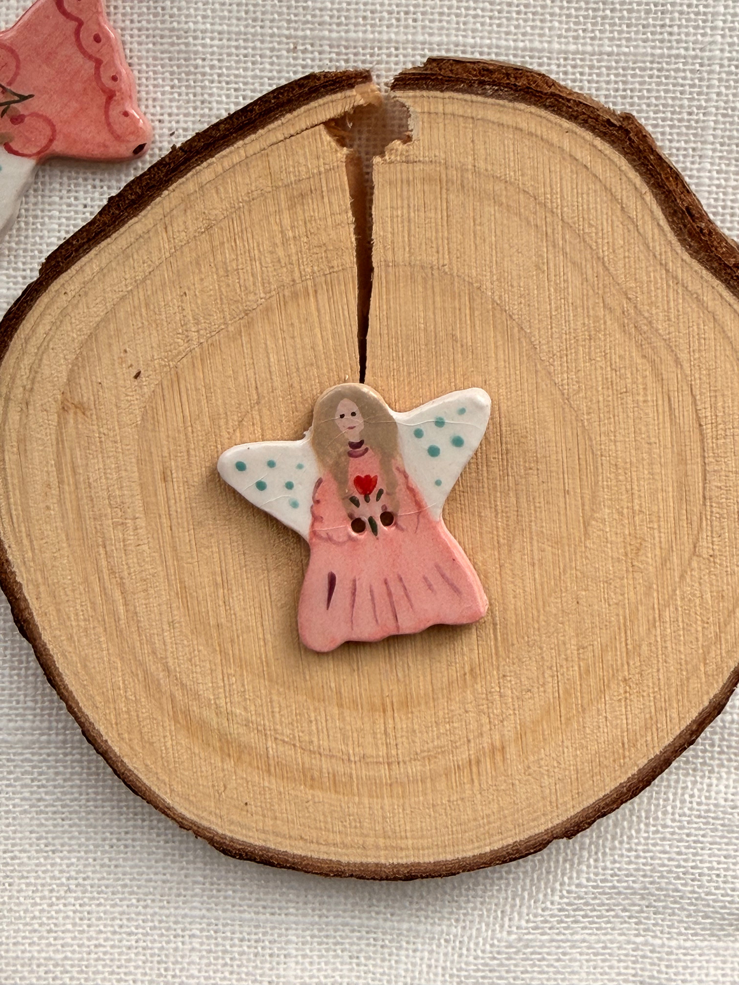 Handmade Ceramic Angel in Pink Button – Hand-Painted Sewing Embellishment