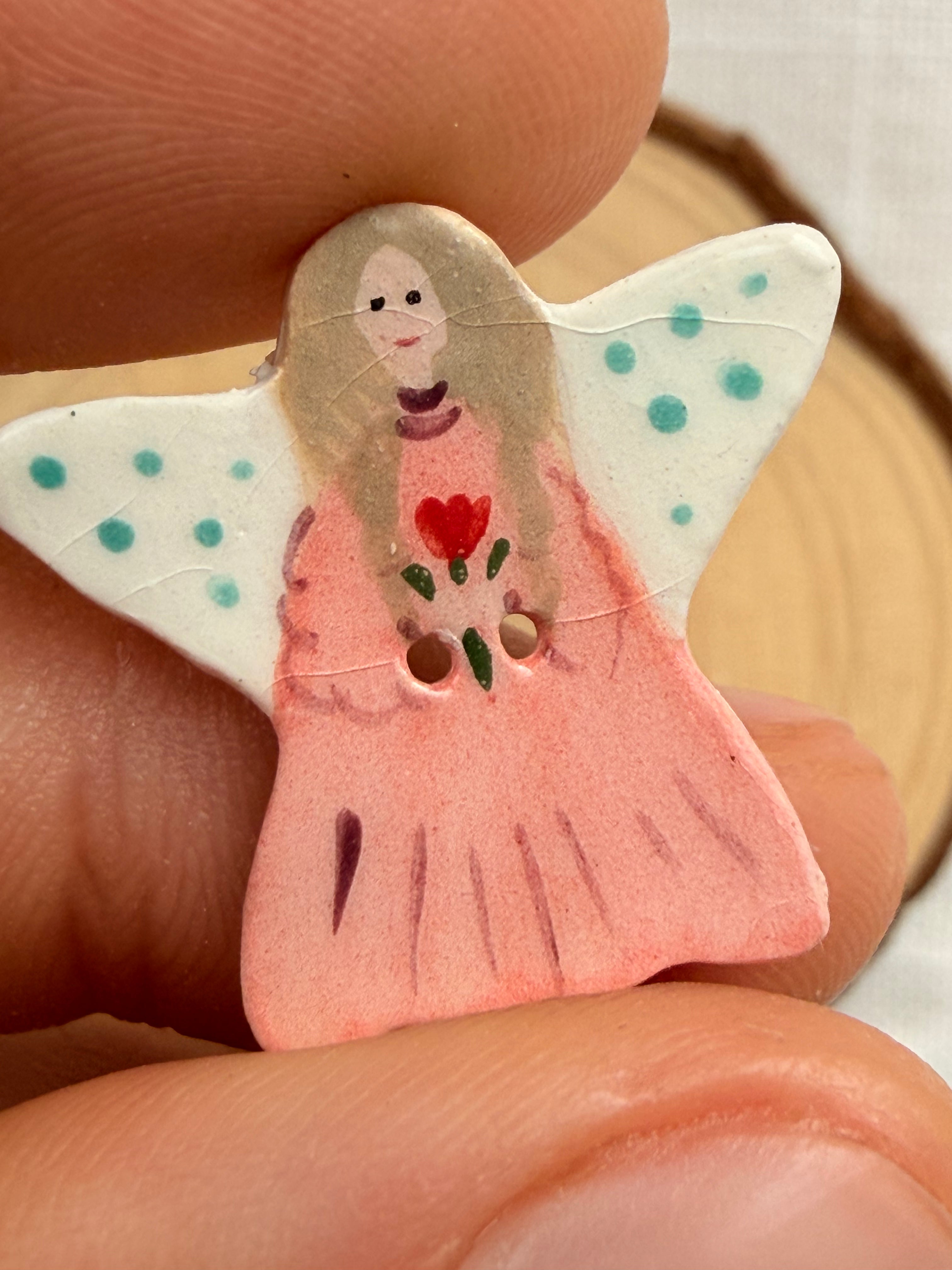 Handmade Ceramic Angel in Pink Button – Hand-Painted Sewing Embellishment