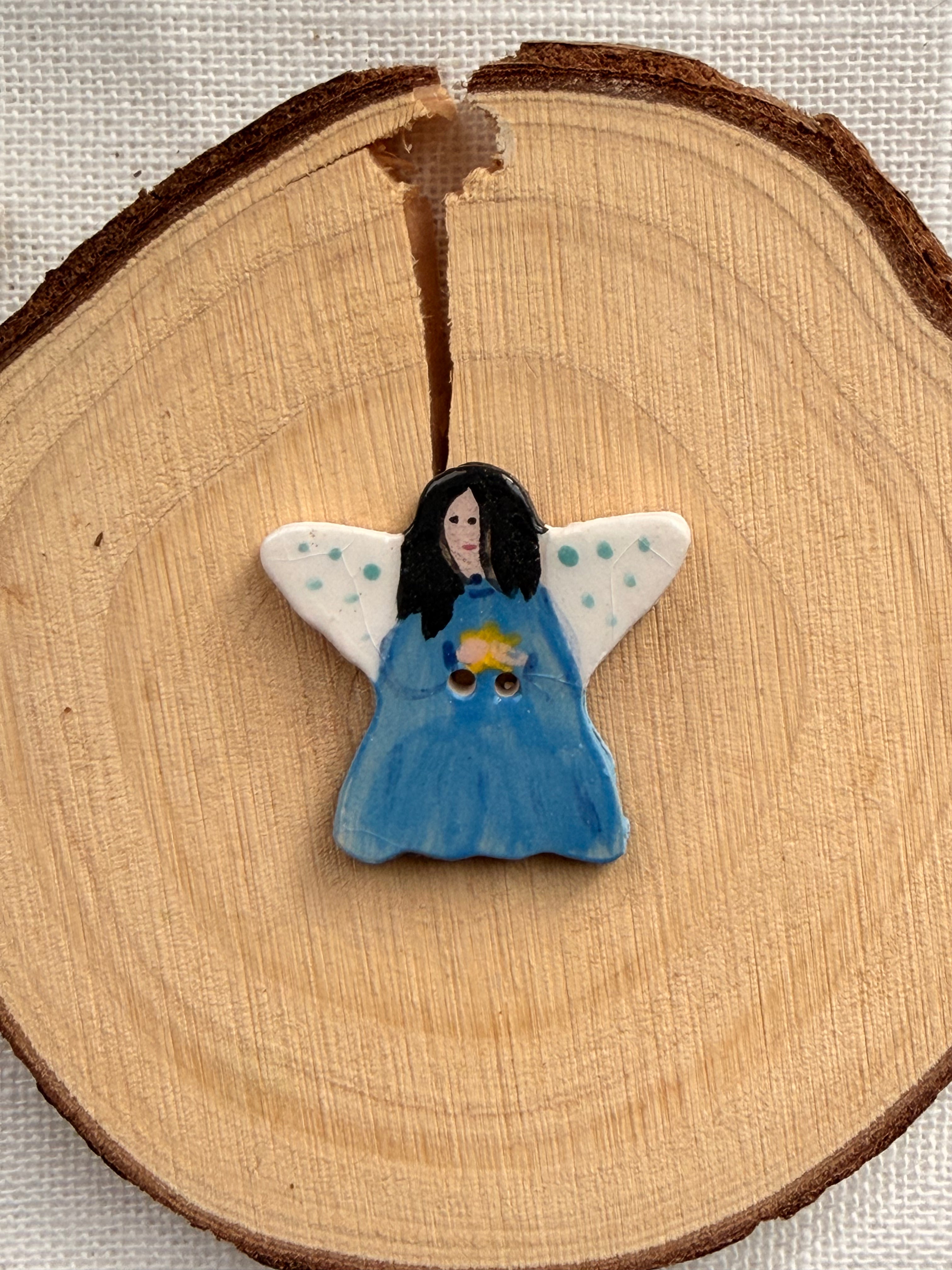 Handmade Ceramic Angel in Blue Button – Hand-Painted Sewing Embellishment