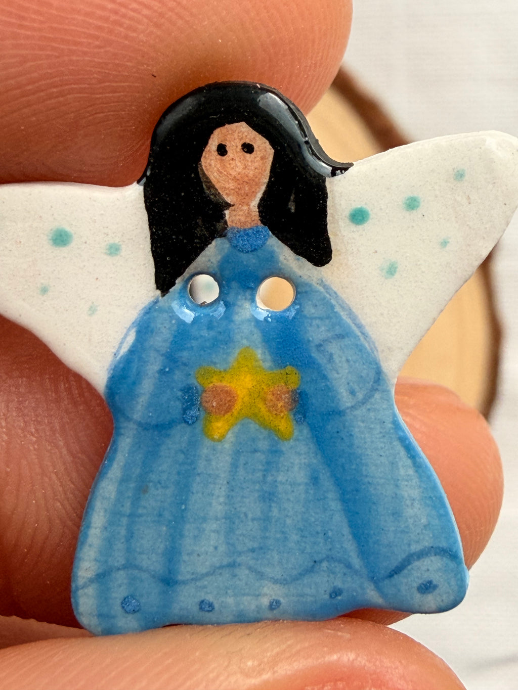 Handmade Ceramic Angel in Blue Button – Hand-Painted Sewing Embellishment