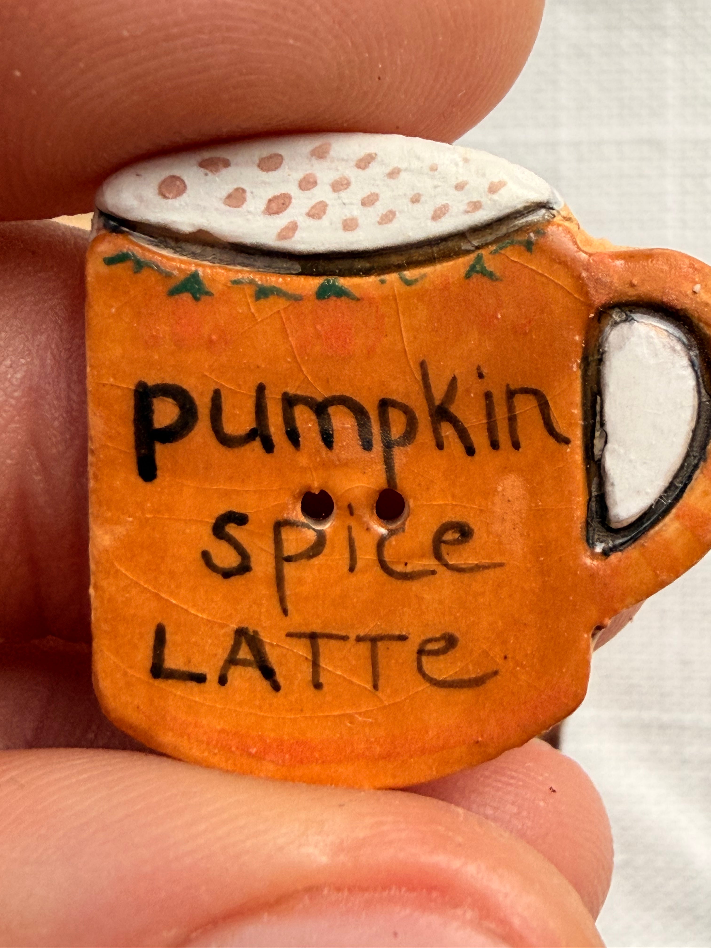 Handmade Ceramic Pumpkin Latte Button – Hand-Painted Sewing Embellishment