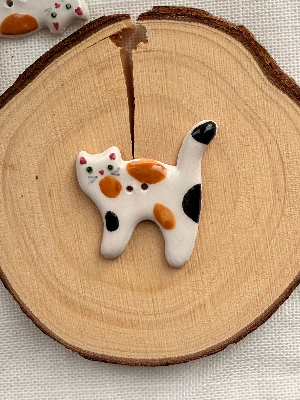 Handmade Ceramic Tricolour Cat Button – Hand-Painted Sewing Embellishment
