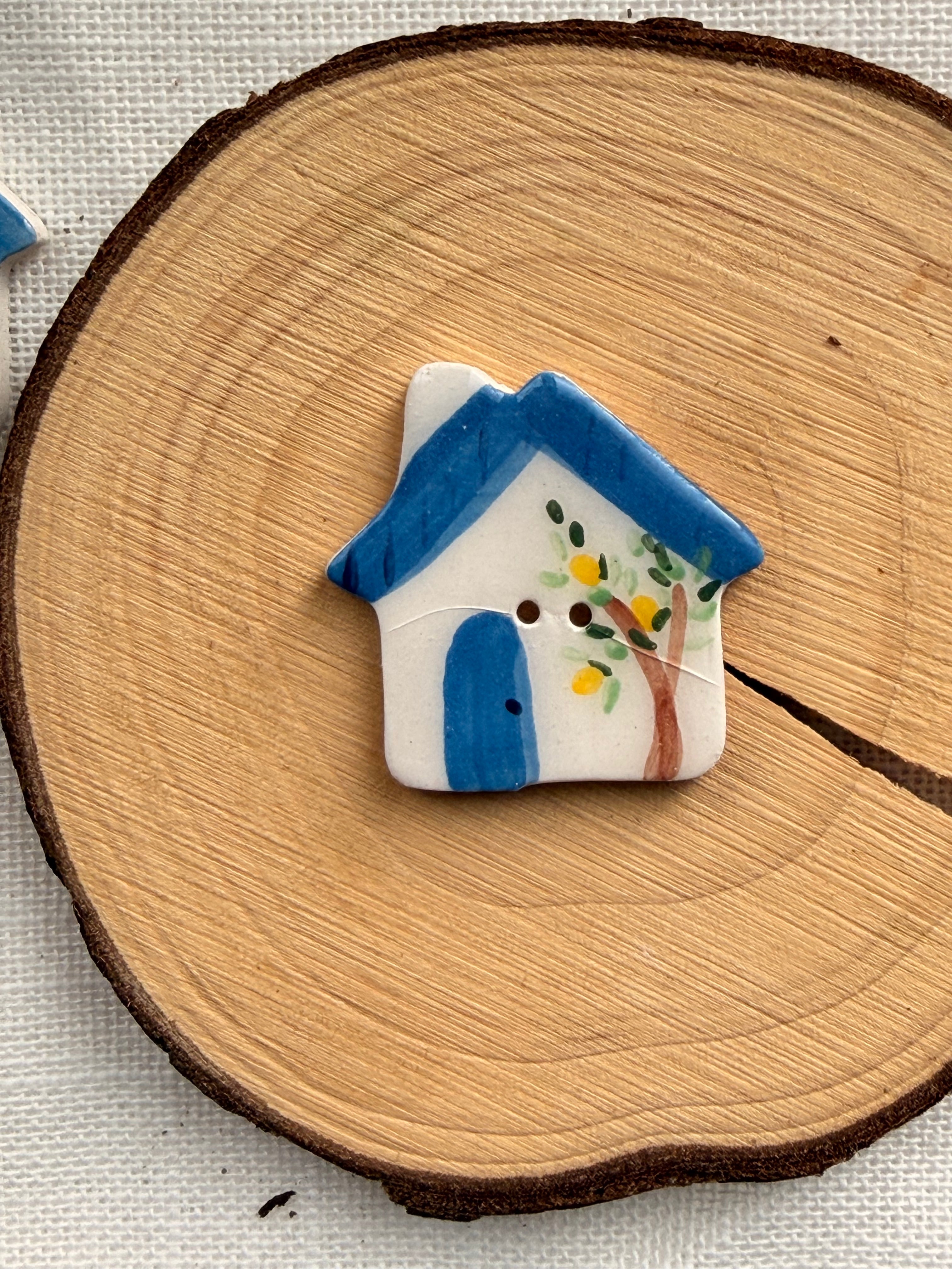 Handmade Ceramic House Button – Hand-Painted Sewing Embellishment