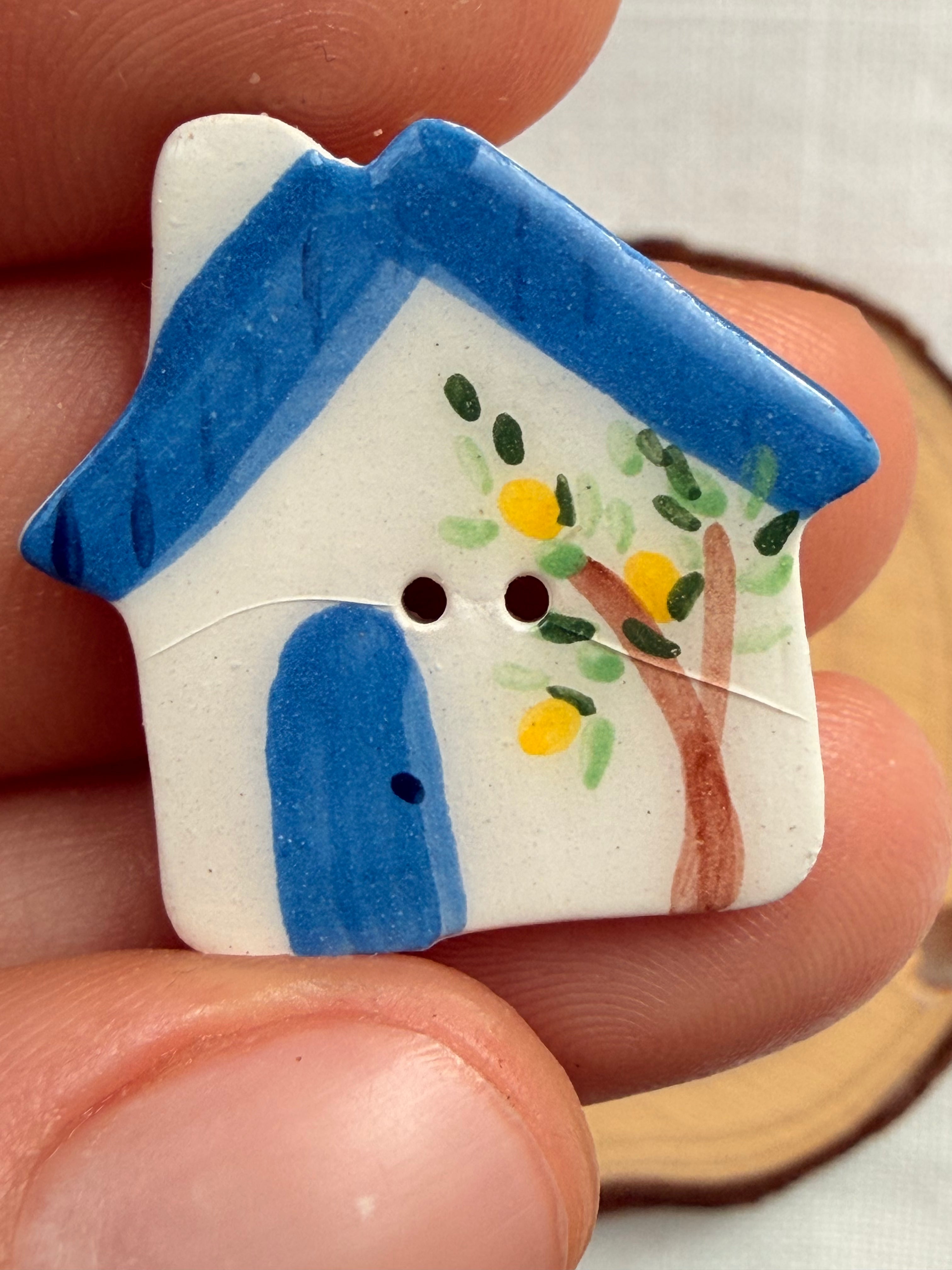 Handmade Ceramic House Button – Hand-Painted Sewing Embellishment
