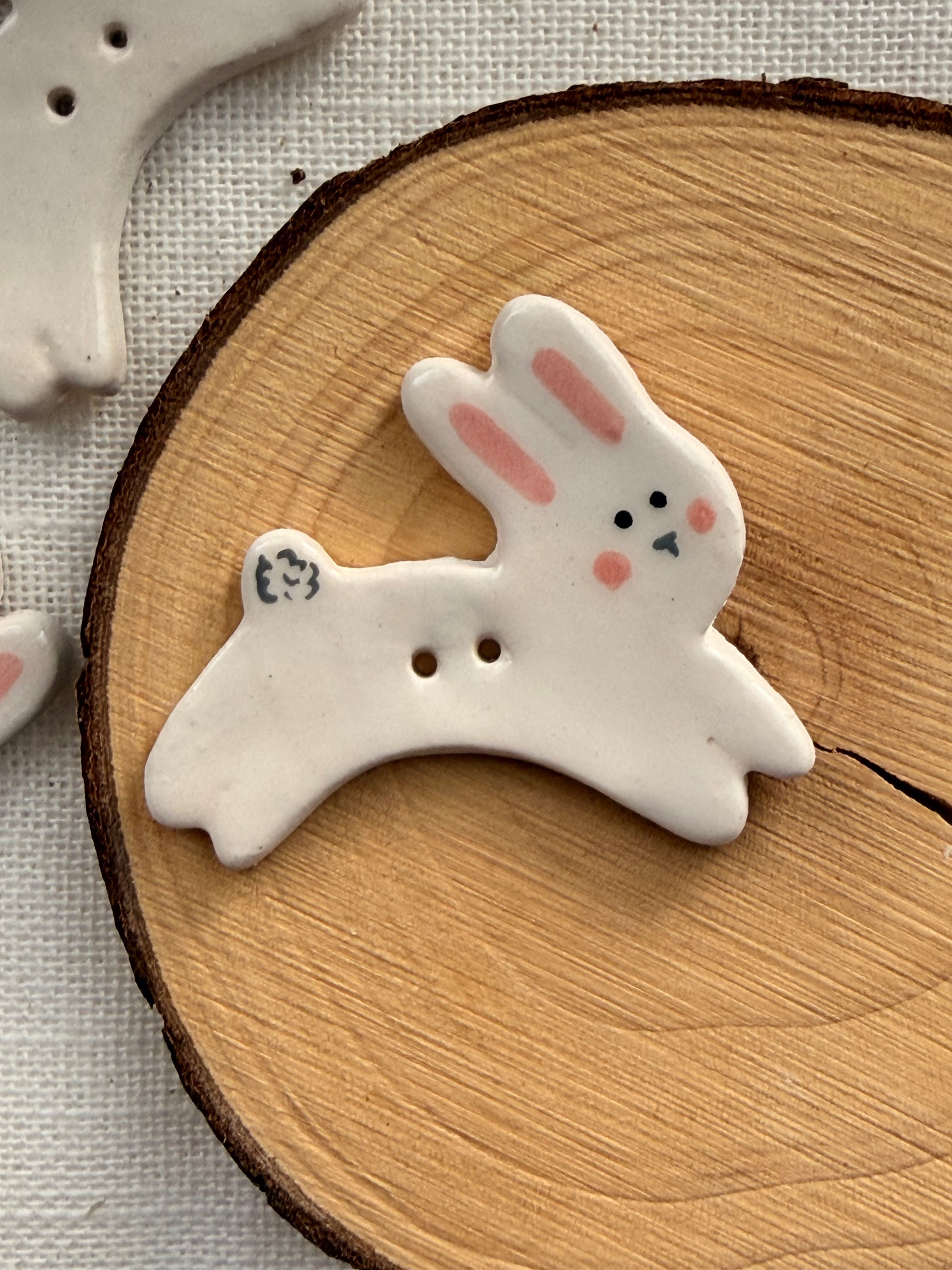 Handmade Ceramic White Rabbit Button – Hand-Painted Sewing Embellishment