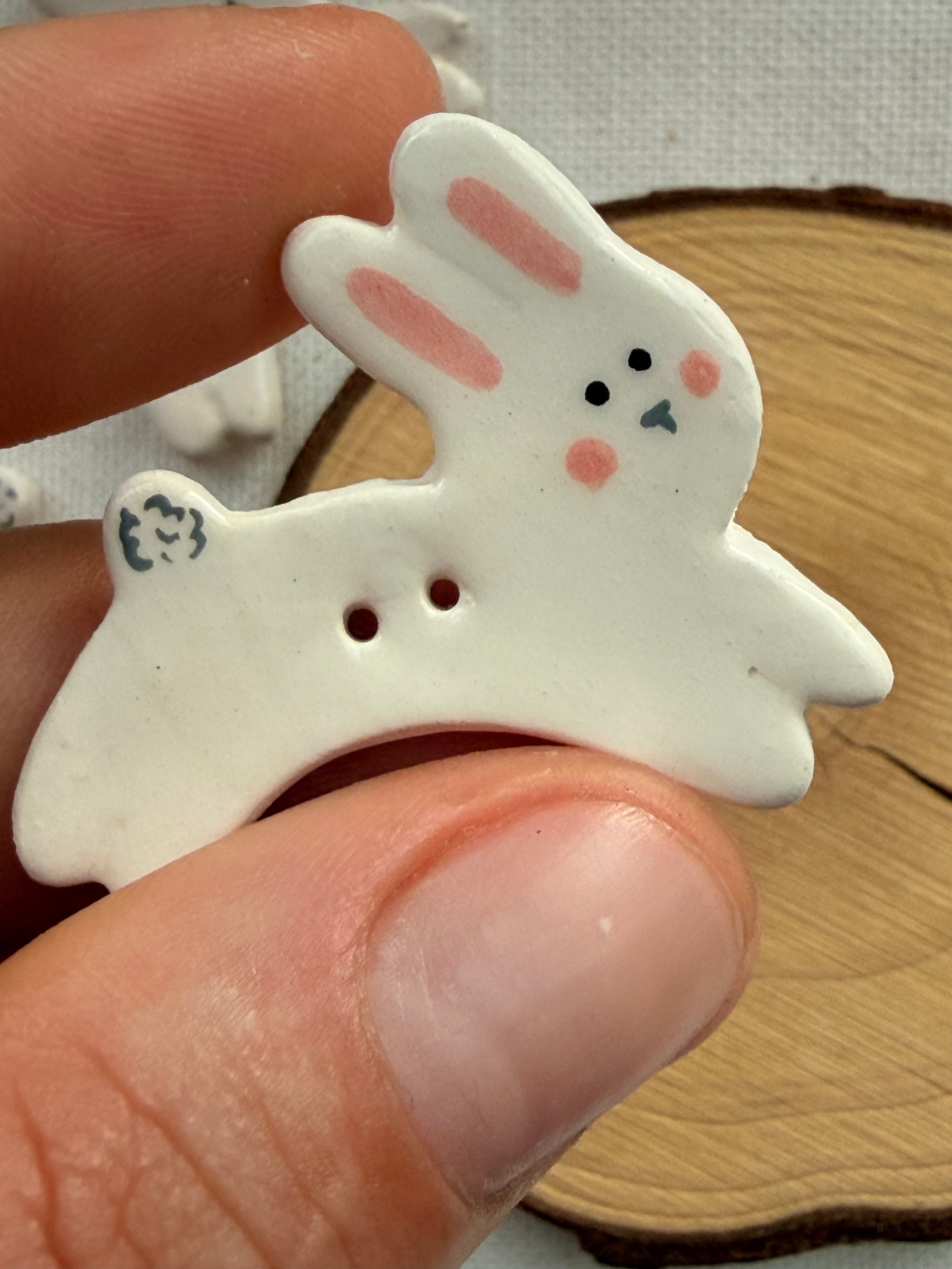 Handmade Ceramic White Rabbit Button – Hand-Painted Sewing Embellishment