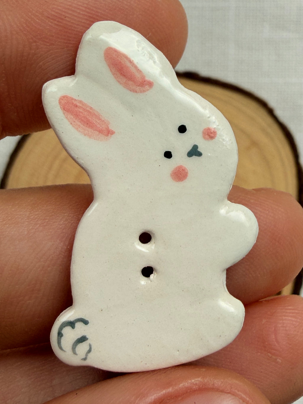 Handmade Ceramic White Rabbit Button – Hand-Painted Sewing Embellishment