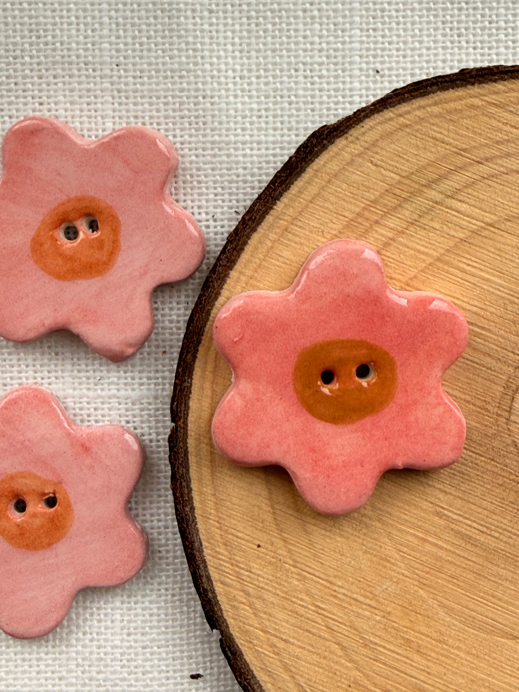 Handmade Ceramic Pink Flower Button – Hand-Painted Sewing Embellishment