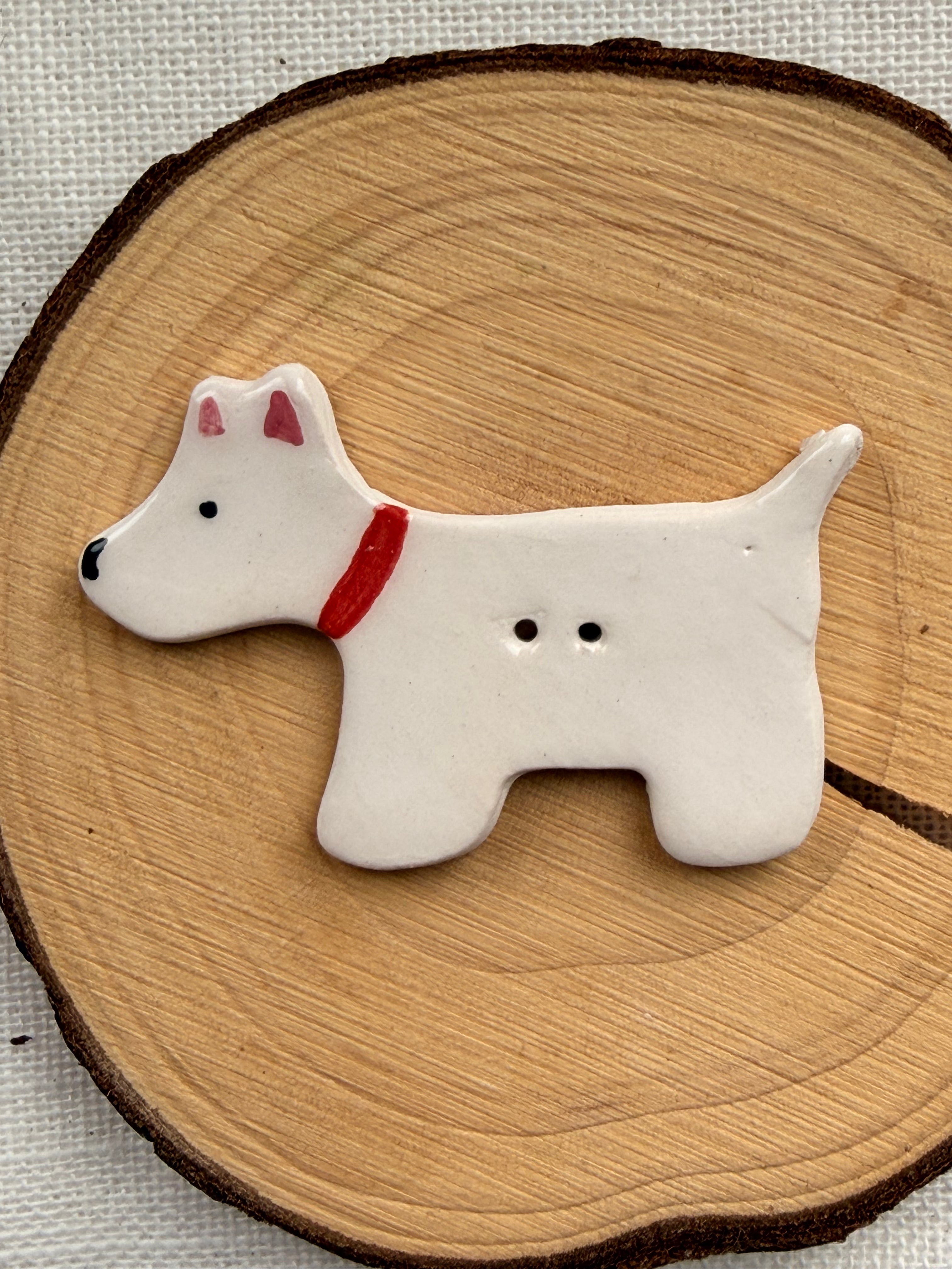 Handmade Ceramic White Dog Button – Hand-Painted Sewing Embellishment