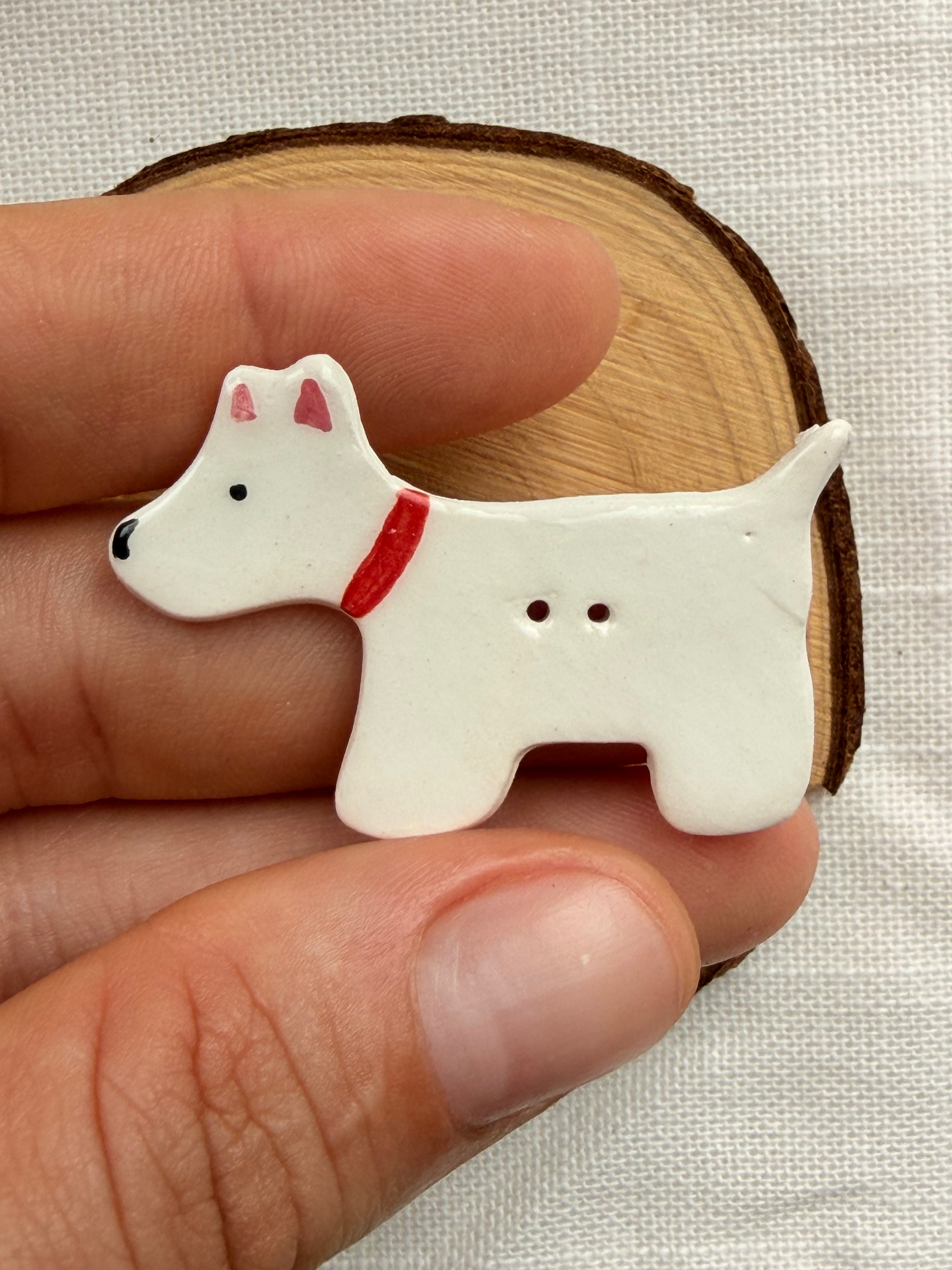 Handmade Ceramic White Dog Button – Hand-Painted Sewing Embellishment