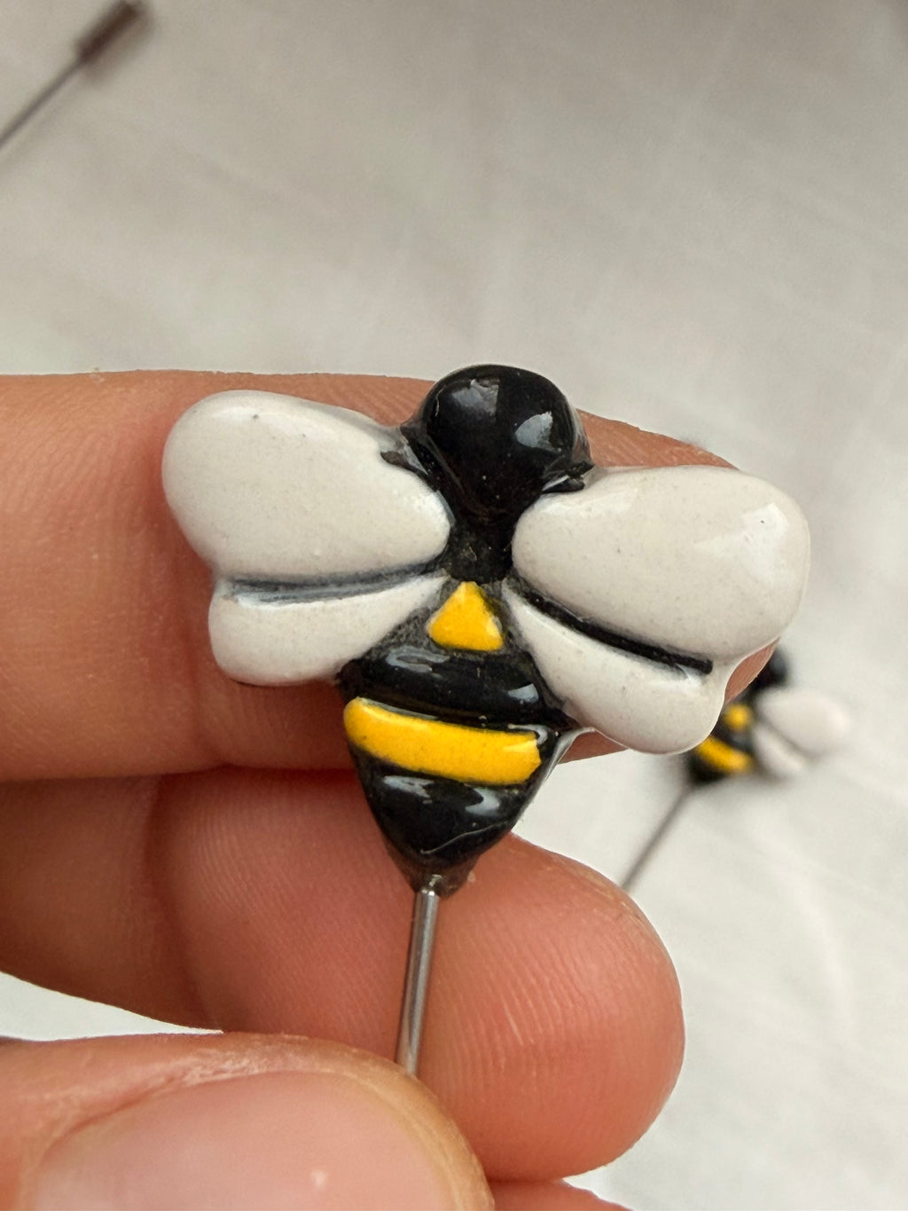 Handmade Ceramic Stitch Marker Pin with Protective Stopper - Bee